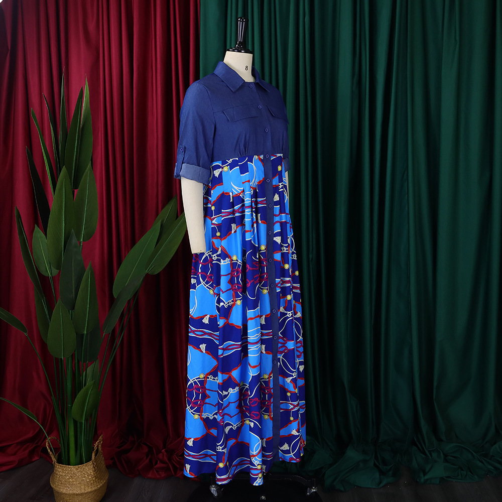 Abito da sera lungo da donna con stampa e dettagli in denim_voghion.com