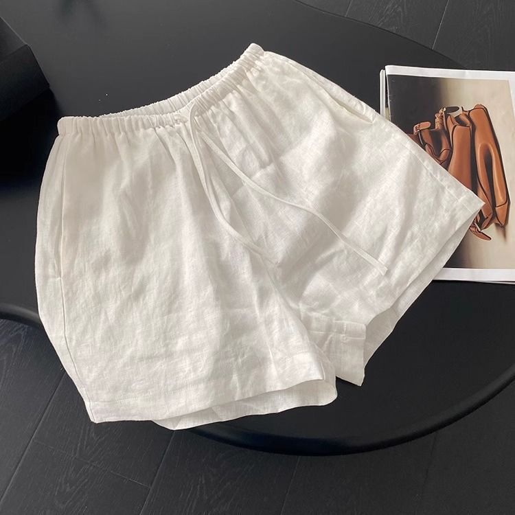 Summer Thin Linen Elastic Waist Drawstring Straight Wide-Leg Casual White Loose Simple Shorts Versatile and Slimming Summer Thin Linen Elastic Waist Drawstring Straight Wide-Leg Casual White Loose Simple Shorts Versatile and Slimming