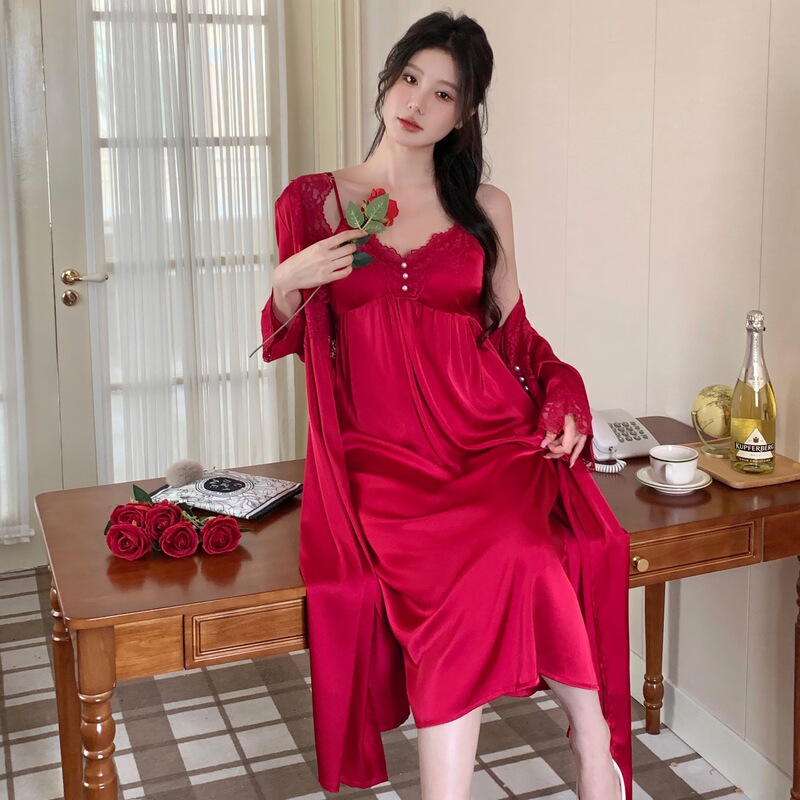 Wow, Custom-Made Sexy Lace Nightgown for Women, High-End Satin Red Dressing Gown for Newlyweds with Chest Pads, Home Wear