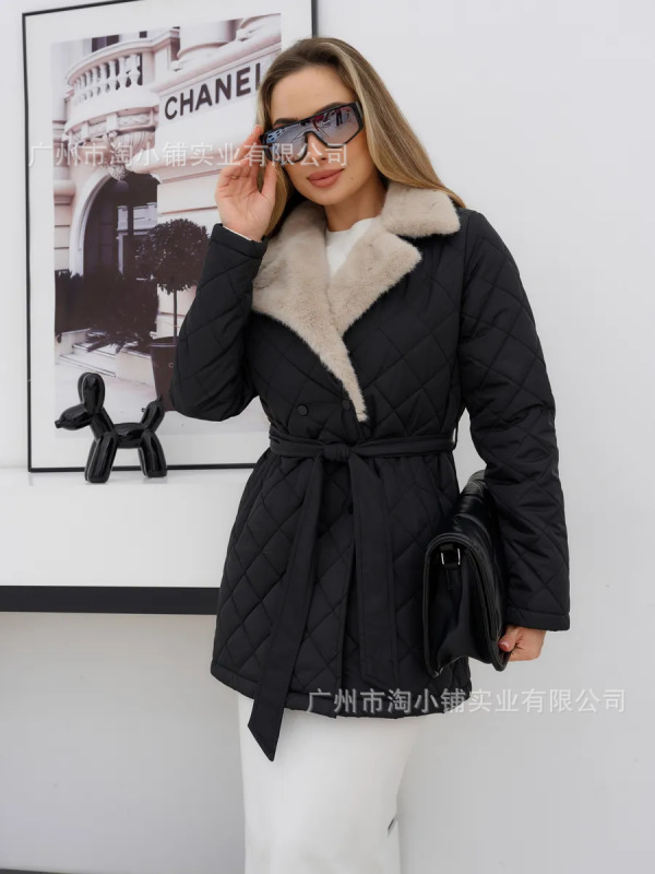棉服2025时尚秋冬欧美新款外套女装保暖收腰翻领女棉衣加厚中长款|undefined