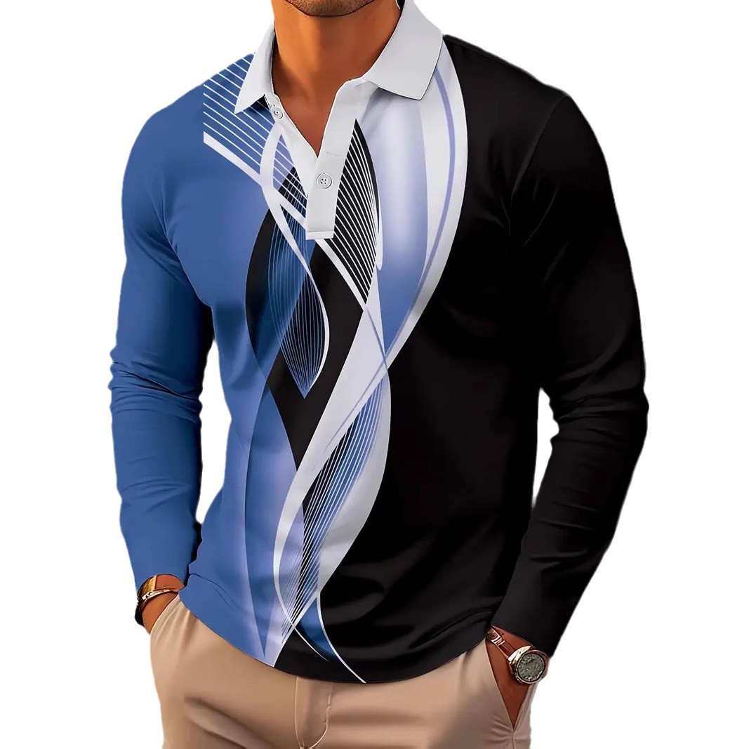 Primavera y verano estilo delgado diseño de alta calidad Volkswagen geométrico colorido manga larga solapa botón POLO camisa MB14