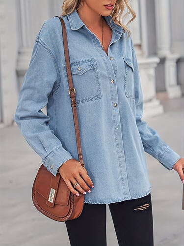 Women's Light Blue Denim Jacket Long Sleeve Button Shirt