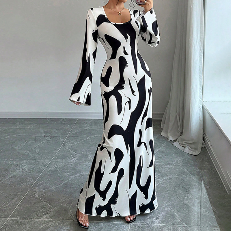 Amazon Cross-Border Women's Clothing Autumn and Winter Long Dress 2025 European and American Fashion Elegant Printed Bell-Sleeve Dress