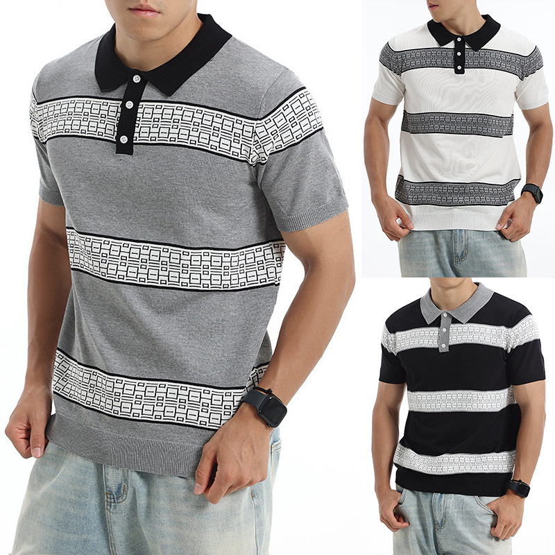 Polo camiseta de punto camiseta de manga corta hombre solapa rayas retro camiseta de seda de hielo de verano fábrica al por mayor