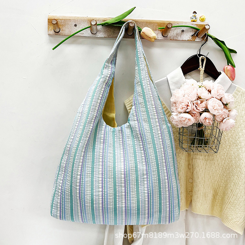 肌理纹理条纹帆布单肩背心包小清新文艺大容量手提包学生包旅行包