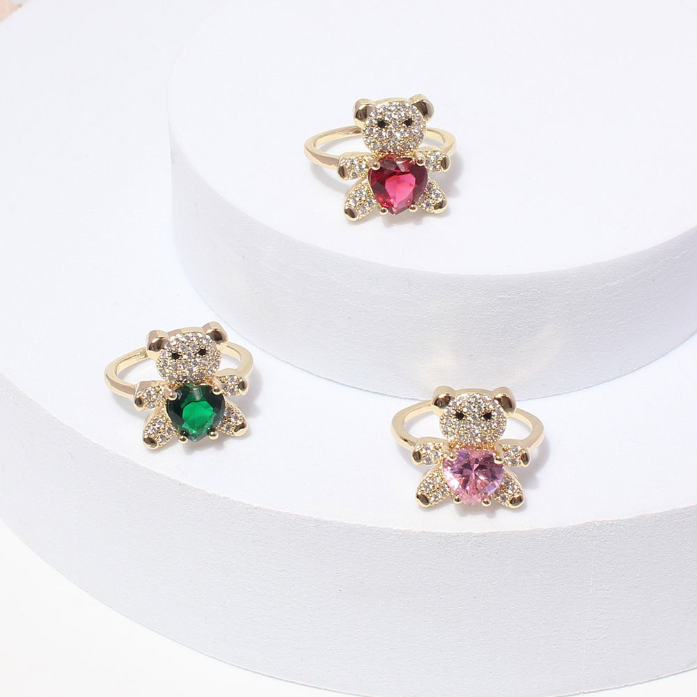 Copper-plated Love Micro-inlaid Zircon Bear Ring Personality Creative Opening Adjustable Ring display picture 2