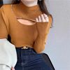 Hollow out half high neckline studded with diamond base shirt