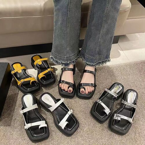 2025 Summer Slides Fluffy Toe Post Roman Single Strap Thick Heel Korean Style Slippers