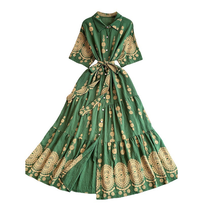 Women's French Retro Heavy Embroidery Lapel Dress Korean Style Single-Breasted Slimming Ruffled Long Skirt Summer Dress_ecoleips.com