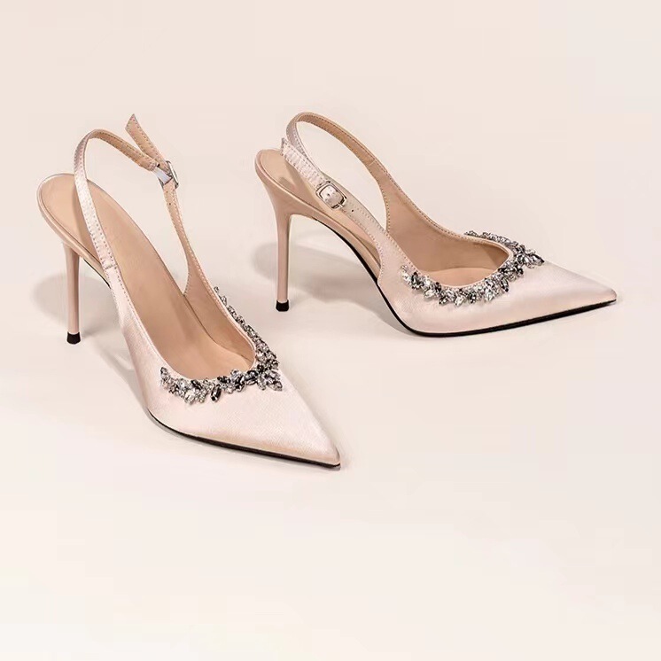 2024 Champagne Wedding Shoes Bridesmaid High Heels Stiletto Heel Baotou Pointed Toe Rhinestone French Elegant Single Shoes Beautiful Naked Color