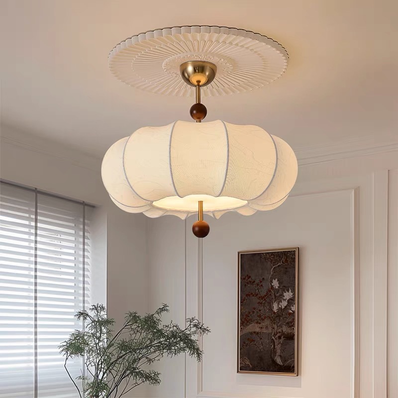 Japanese Style Silent Wind Bedroom Chandelier Middle Ancient French Retro Restaurant Nanyang Printed Fabric Pumpkin Eye Protection Ceiling Lamp