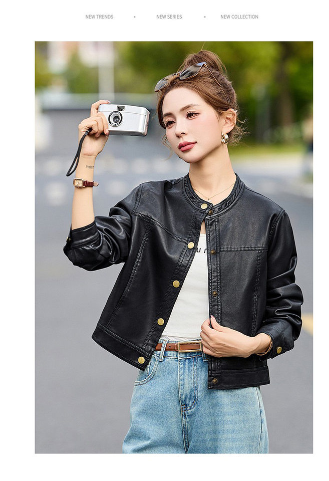 Áo khoác da nữ dáng ngắn cổ đứng tay dài phong cách retro — màu đen, nâu sẫm chi tiết 3