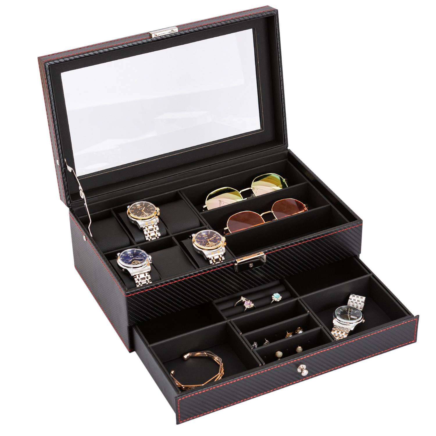 Caja Organizadora de Relojes, Joyas y Lentes de Madera para Almacenamiento y Exhibición