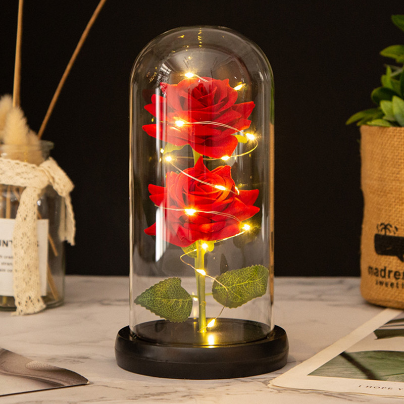 Pequeño Príncipe cubierta de vidrio dos rosas artificiales decoración creativa Navidad regalo del Día San Valentín flor eterna al por mayor
