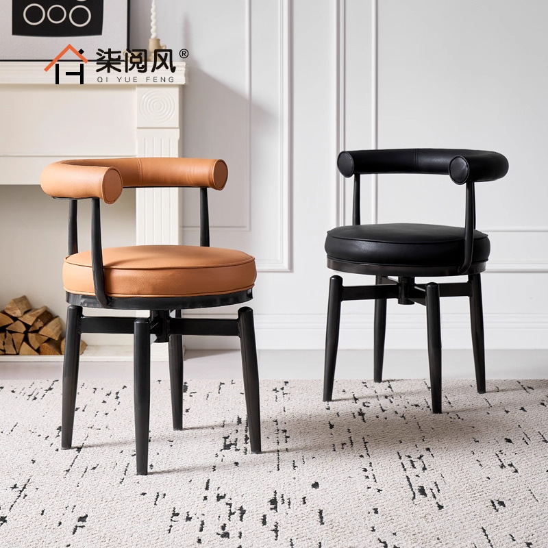 Medieval Iron Rotatable Dining Chair Home Spring Cushion Soft Leather Backrest Stool Leisure Single Office Desk Chair
