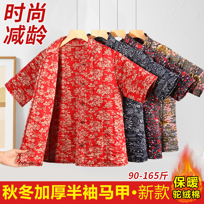 秋冬棉马甲女加厚保暖半袖棉坎肩外套短袖棉衣红金枝半袖其他立领|undefined