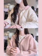 今年流行漂亮奶慵懒粉色连帽短款针织开衫毛衣外套女秋季