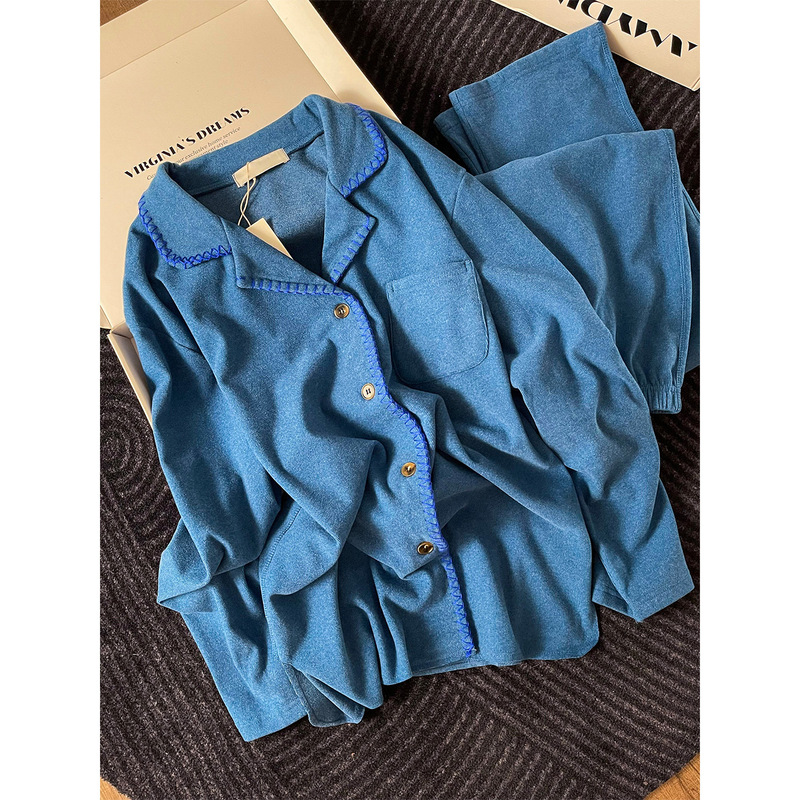 [in Stock] Blue De Rong Long-Sleeve Pajamas for Women, Autumn 2025 New Double-Sided Brushed Couple Homewear Set