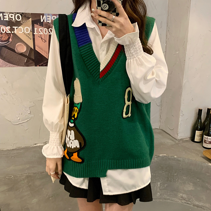 Chaleco de punto chaleco sin mangas de las mujeres primavera y otoño 2024 Nuevo diseño con cuello en V contraste color suelto apilado bottoming top