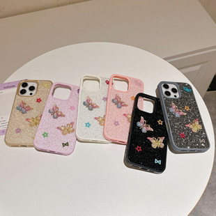 Suitable for European and American Cross-Border DIY Butterfly Apple 16Promax Phone Case with Star Design, Iphone1Ins Style, Anti-Drop