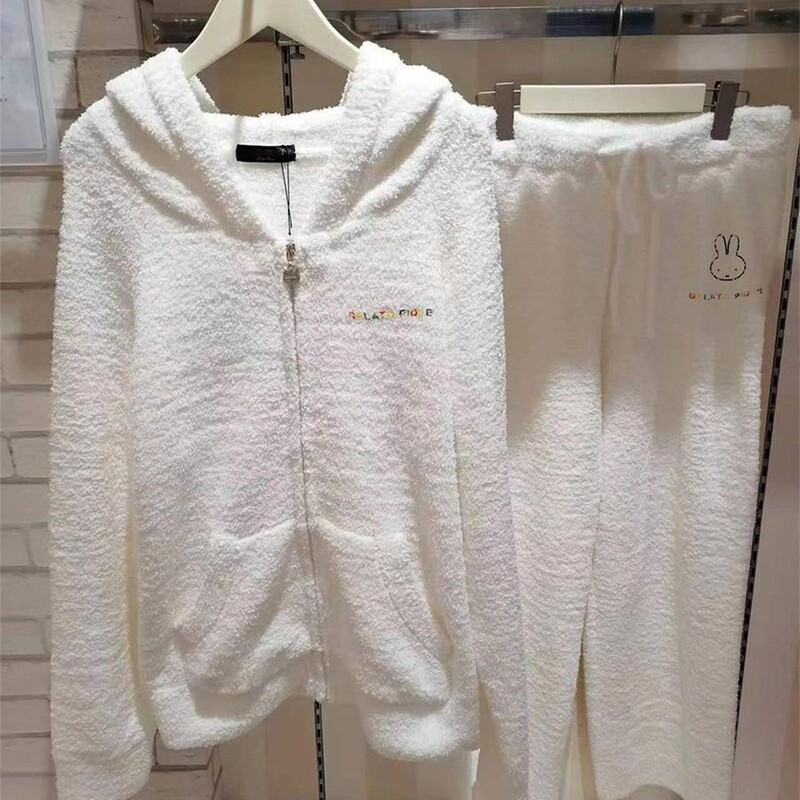Soft and Cute Miffy Rabbit Knitted Half-Velvet Pajamas for Girls, Winter White Plus-Size Loungewear Set