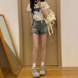美式复古水洗做旧牛仔短裤女夏季高腰显瘦a字百搭小个子辣妹热裤