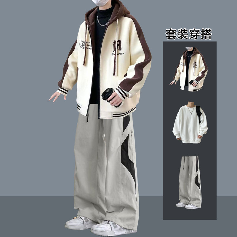 Teenagers' Casual Hooded Sweatshirts, Boys' Autumn Clothes, Junior High School Students' Handsome Outfits, a Three-Piece Set of Long-Sleeved Clothes