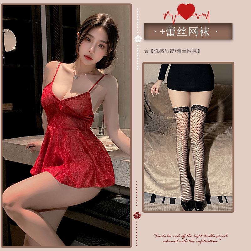 레드[슬립스커트+끈팬티]+망사스타킹