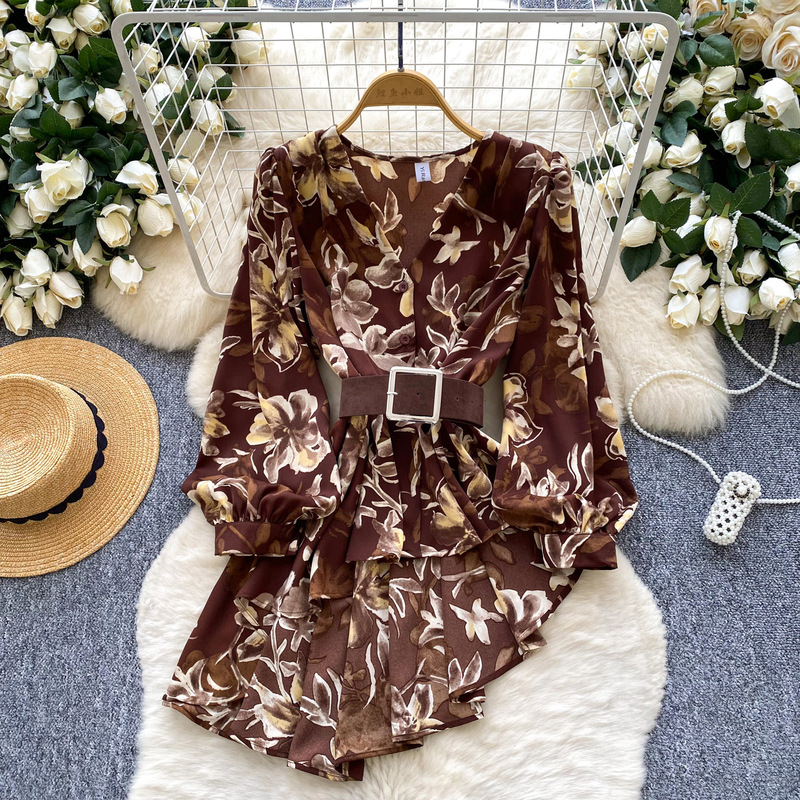 Carefully Selected Design Niche Chic Asymmetrical Shirt for Women 2025 Autum Strappy Waist Fashionable Printed Long Sleeves