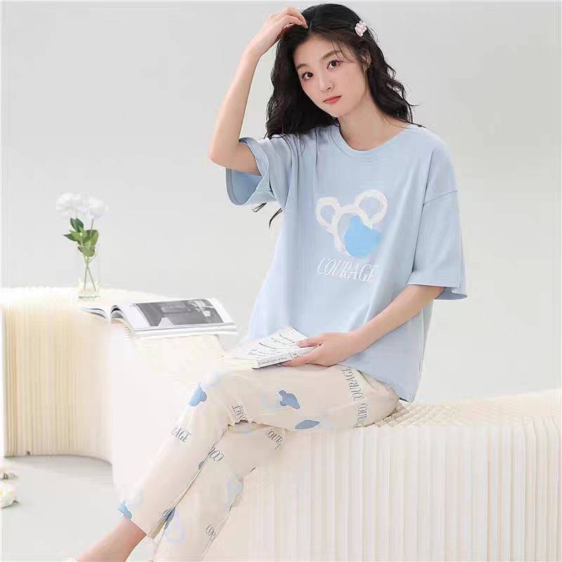 Venta al por mayor transfronteriza de nuevo estilo pijamas de cuello redondo pantalones de manga corta para mujer verano fino imitación algodón dibujos animados casual servicio a domicilio traje simple image 2