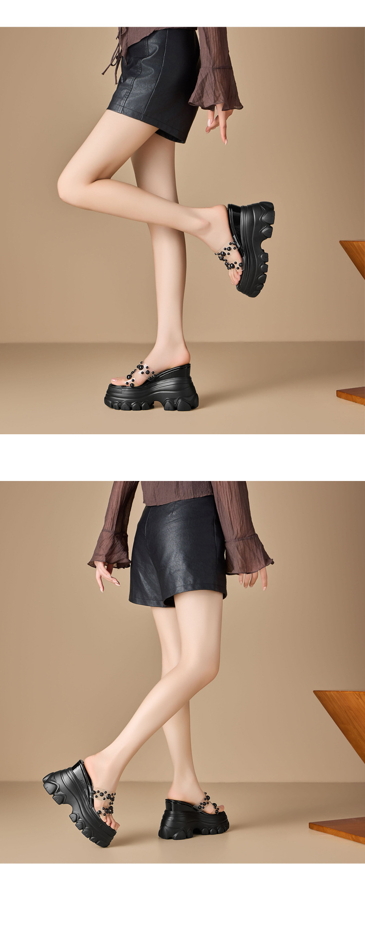 Dép sandal cao gót nữ đế trong suốt gót 12 cm quai ngang đính ngọc trai — màu đen, màu hồng, màu trắng ngà chi tiết 9