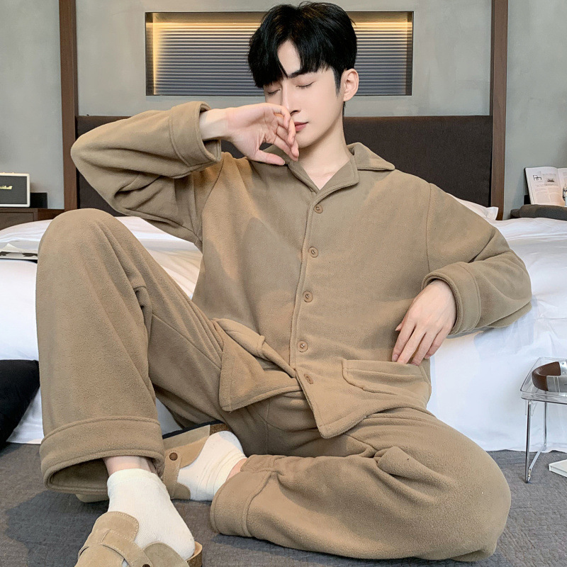 Casual Polar Fleece Long-Sleeved Men's Pajamas Set Warm Autumn and Winter Casual Home Wear Pajamas Factory Direct Sale