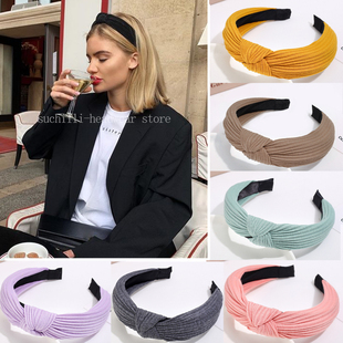 Women Bow Knot Hair Bands Knitted Wave Solid Color Wide Band