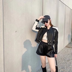 2023春のデザイン感小衆ファスナー黒pu皮衣長袖ジャケット機関車の短いコートの上着の女性