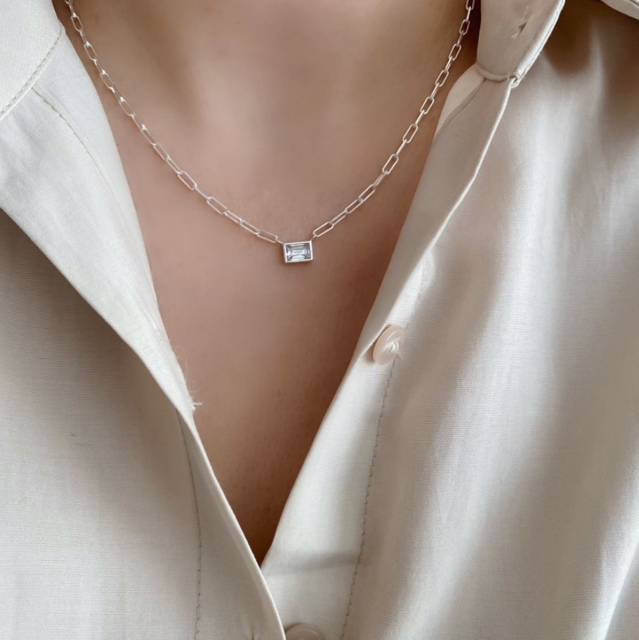 18K Gold Plated Plating Material 925 Sterling Silver Zircon Paperclip Chain Inlay Rectangle Necklace