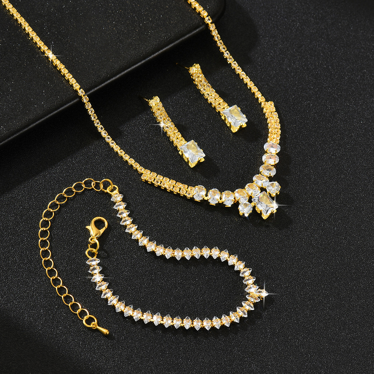 Copper Material Wholesale Jewelry Elegant Streetwear Geometric Copper Rhinestones Bracelets Earrings Necklace Tennis Chain