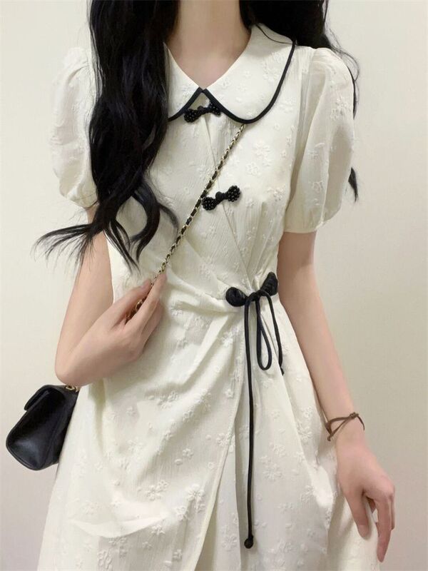 Vintage New Chinese Doll Collar Buckle dress Female Student Summer New Tight Waist Slimming National Style A- Line Skirt Vintage New Chinese Doll Collar Buckle dress Female Student Summer New Tight Waist Slimming National Style A- Line Skirt