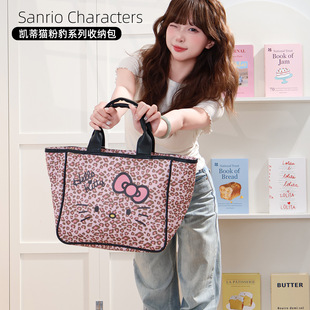 Sanrio Genuine Pink Leopard Hello Kitty Cosmetic Bag Women's Portable Travel Bag Handbag Storage Large Capacity Pu Bag