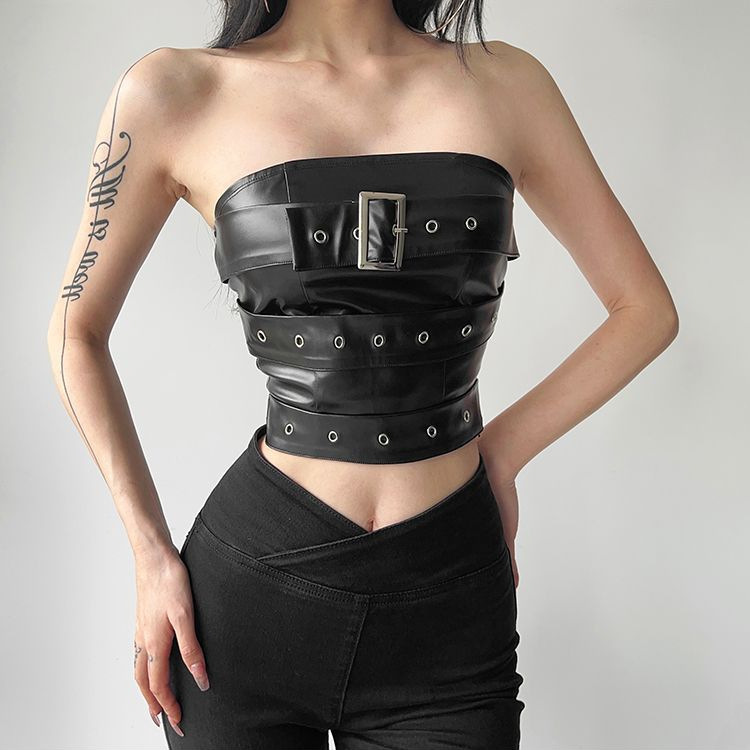 European and American Style Spicy Girl Leather Vest Pure Desire Strapless Pu Leather Personalized Belt Tight Short Versatile Vest Cross-Border Trade