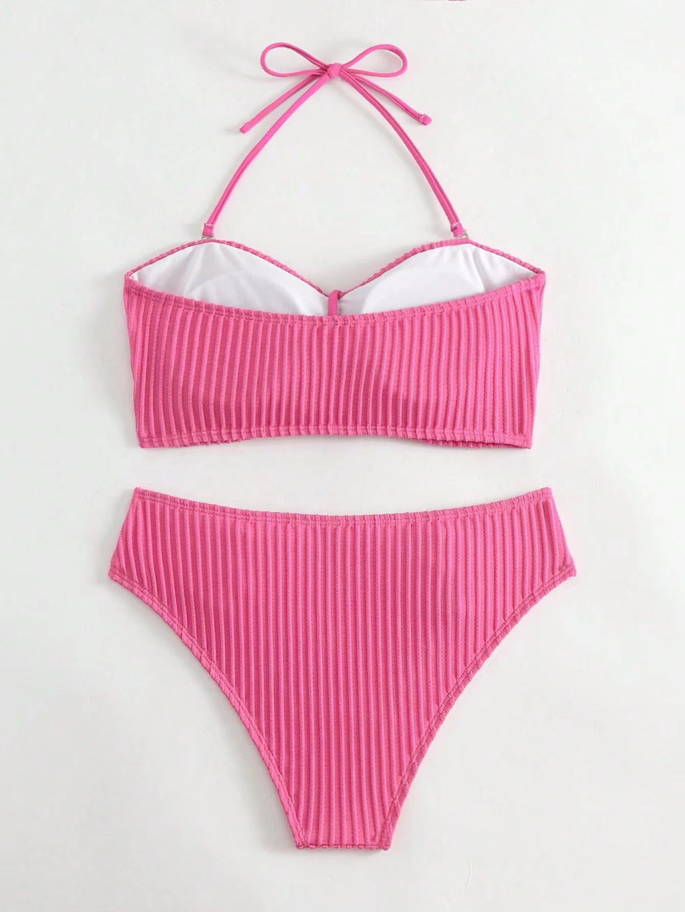 245g Weight Mid Waist Panties Waist Briefs Panties Style Halter Placket Type Bra&Panty Set Bra Category Nylon, Polyester Fabric Type 2 Pieces Set Quantity Swimming Pool, Beach Occasion Stripe, Solid Color Pattern Full Coverage Bra Cup Women's Gender Women's Stripe Solid Color 2 Pieces Set Bikinis Swimwear 2