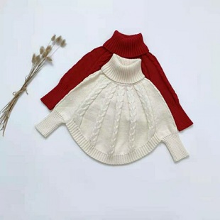Early Autumn Girls' Stylish Cloak Retro Artistic Knitted Shirt Turtleneck Sweater Maternal and Child Suit 3-6 Years Old 8-12 Years Old