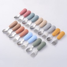 儿童叉勺套装宝宝叉勺短柄不锈钢硅胶叉勺婴儿辅食叉子勺子