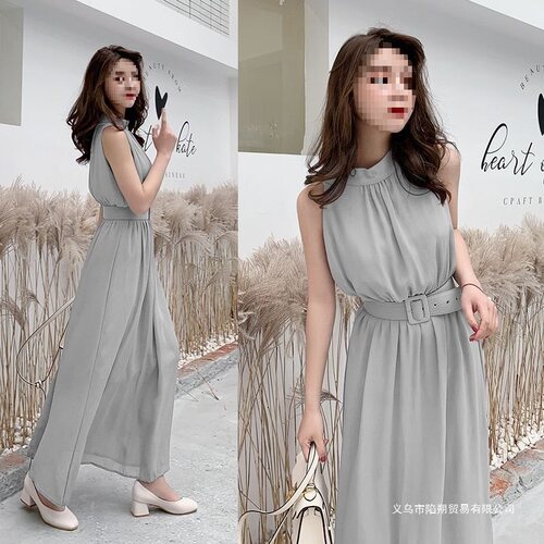 Chiffon dress 2026 summer new Korean women's slim long sleeveless dress beach dress [with belt]