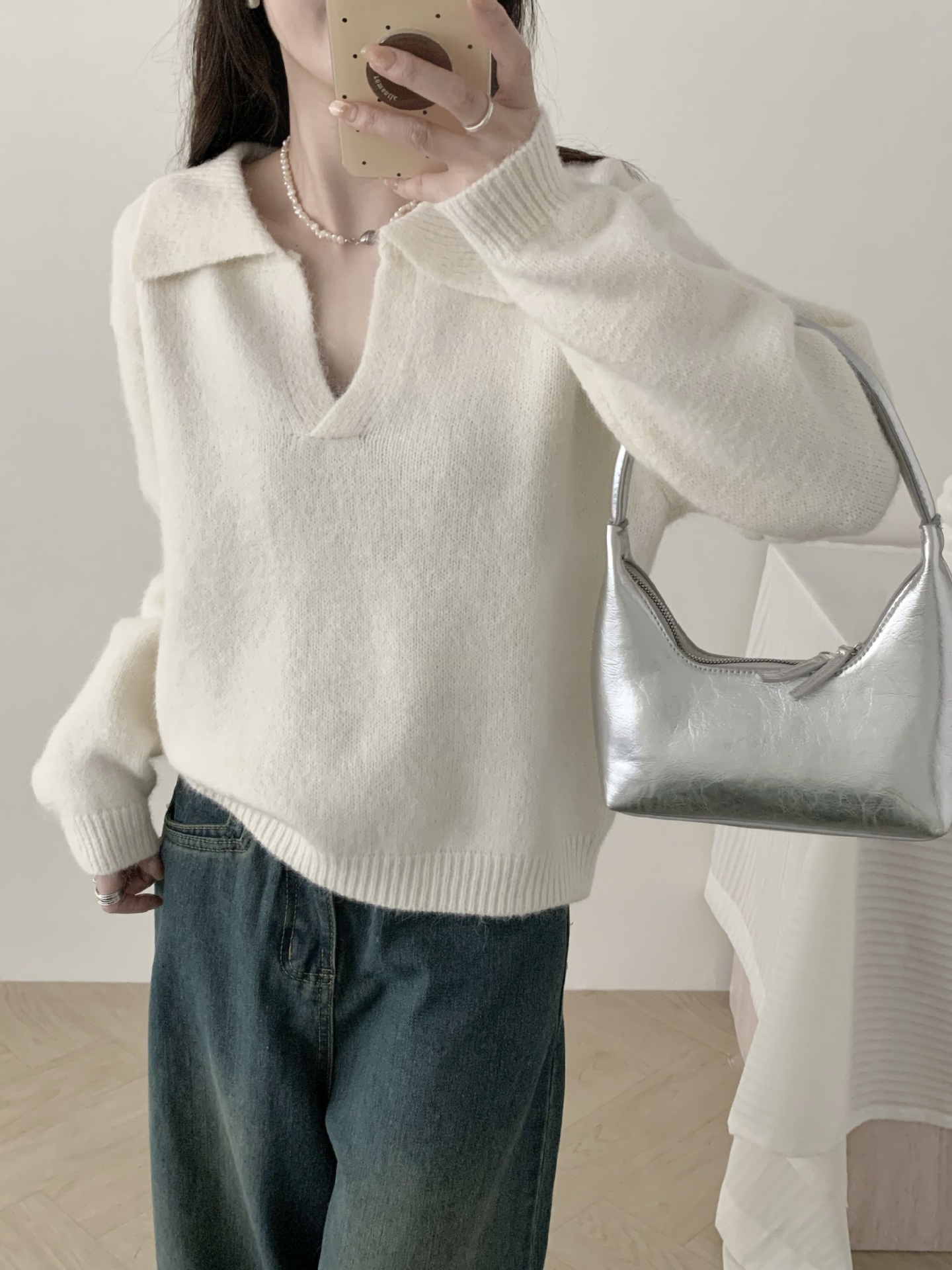 24 invierno Puyuan coreano perezoso viento suelto camiseta de punto con solapa de otoño para mujeres polo