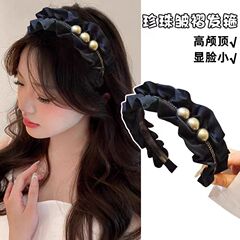 黒のプリーツダイヤモンドとパールのヘッドバンド、高頭蓋圧ヘアバンド、フレンチスタイルのヘッドバンド、レトロな多用途ヘアアクセサリー、ヘッドバンド