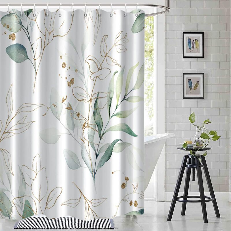 Cross-Border Shower Curtain Sage Green Eucalyptus Leaf Shower Curtain Digital Printing Bathroom Toilet Waterproof and Mildew-Proof Partition Curtain