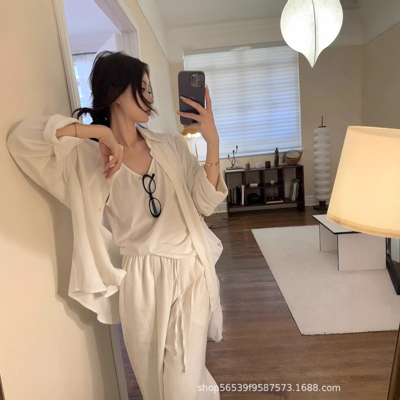 Original Label R.L Old Money Style White Linen Sun-Protective Relaxed Three-Piece Set with Pony Embroidery Original Label R.L Old Money Style White Linen Sun-Protective Relaxed Three-Piece Set with Pony Embroidery