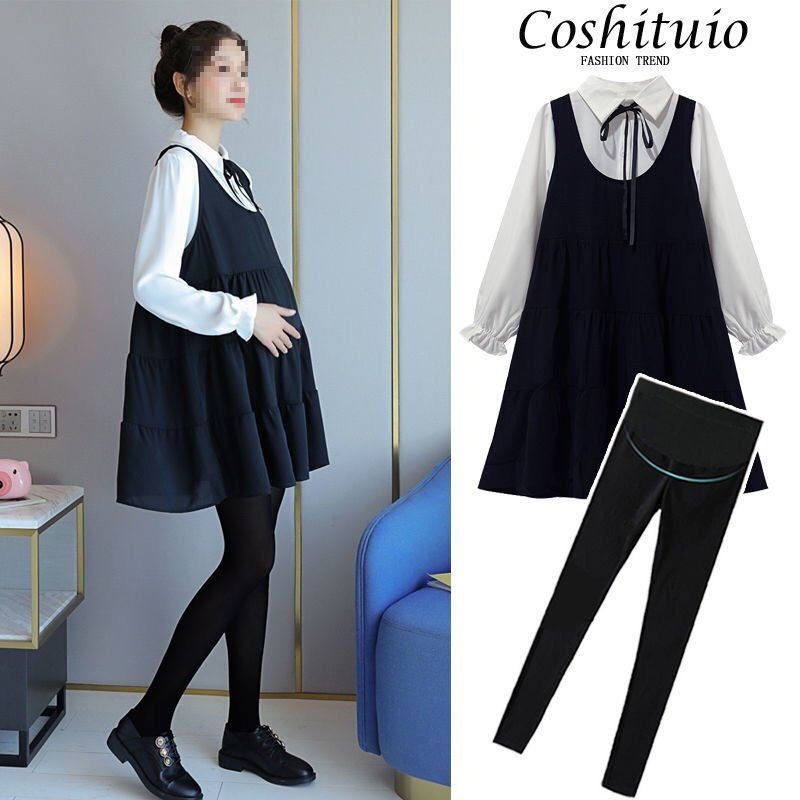 Maternity Autumn Dress Internet Celebrity Maternity Wear Spring and Autumn Top Two-Piece Set Fashion Chanel-Style Outfit
