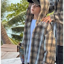 男童长袖格子衬衫亲子装男童格子连帽春夏款薄款潮酷中大童170码