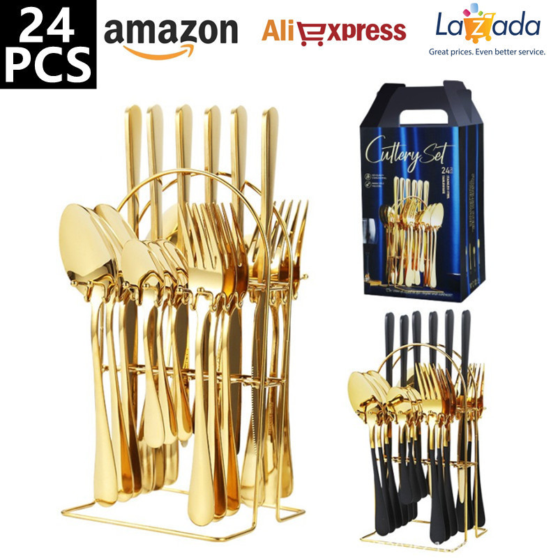 Amazon Western Food Four Main Stainless Steel Tableware 24-piece Set 1010 Cross-border Tableware Knife Holder Gift Box Set Product